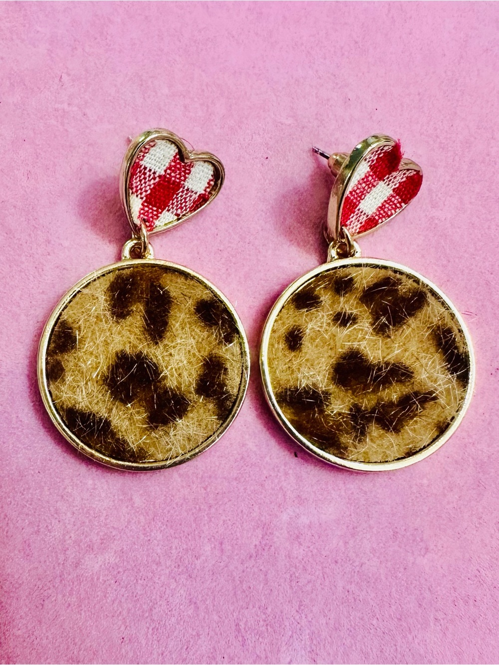 Leopard Print Heart Gingham Drop Earrings NWT